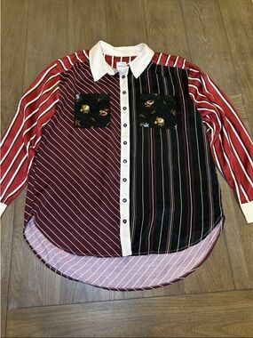 Anthropologie Striped Mixed-Panel Button-Up Blouse - Red, Black, White